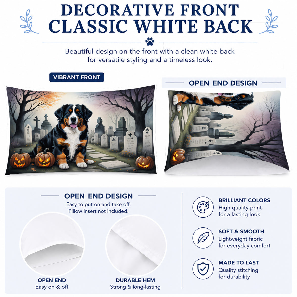Caroline's Treasures DAC2014PILLOWCASE Bernese Mountain Dog Spooky Halloween Fabric Standard Pillowcase Lightweight Super Soft Easy Care Decorative Artwork Pillowcase, Standard