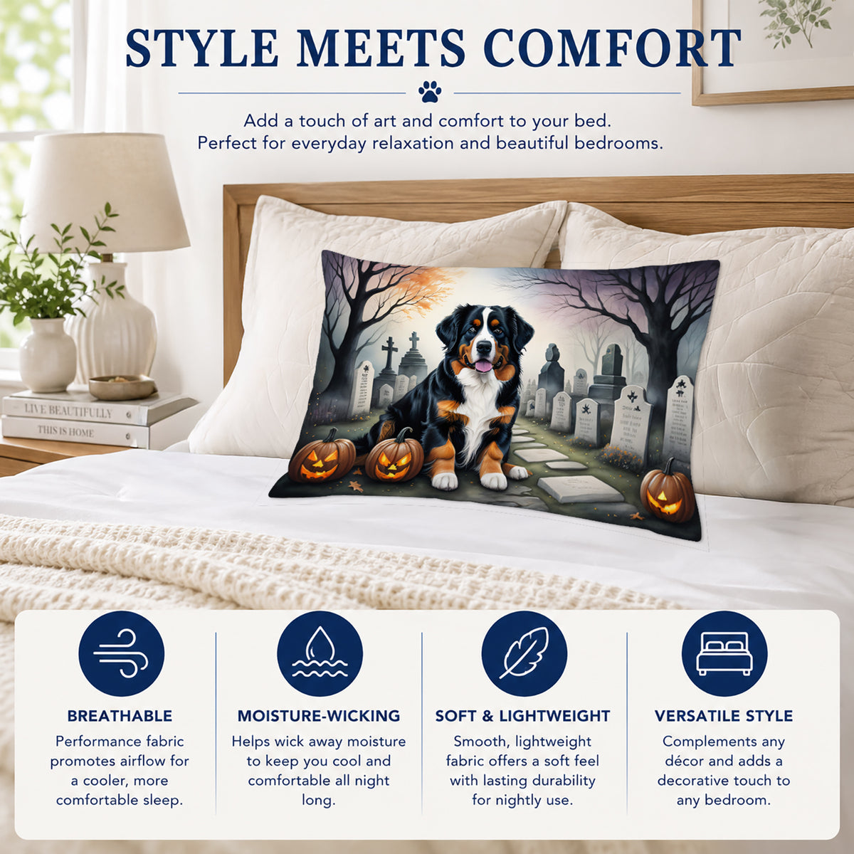 Caroline's Treasures DAC2014PILLOWCASE Bernese Mountain Dog Spooky Halloween Fabric Standard Pillowcase Lightweight Super Soft Easy Care Decorative Artwork Pillowcase, Standard