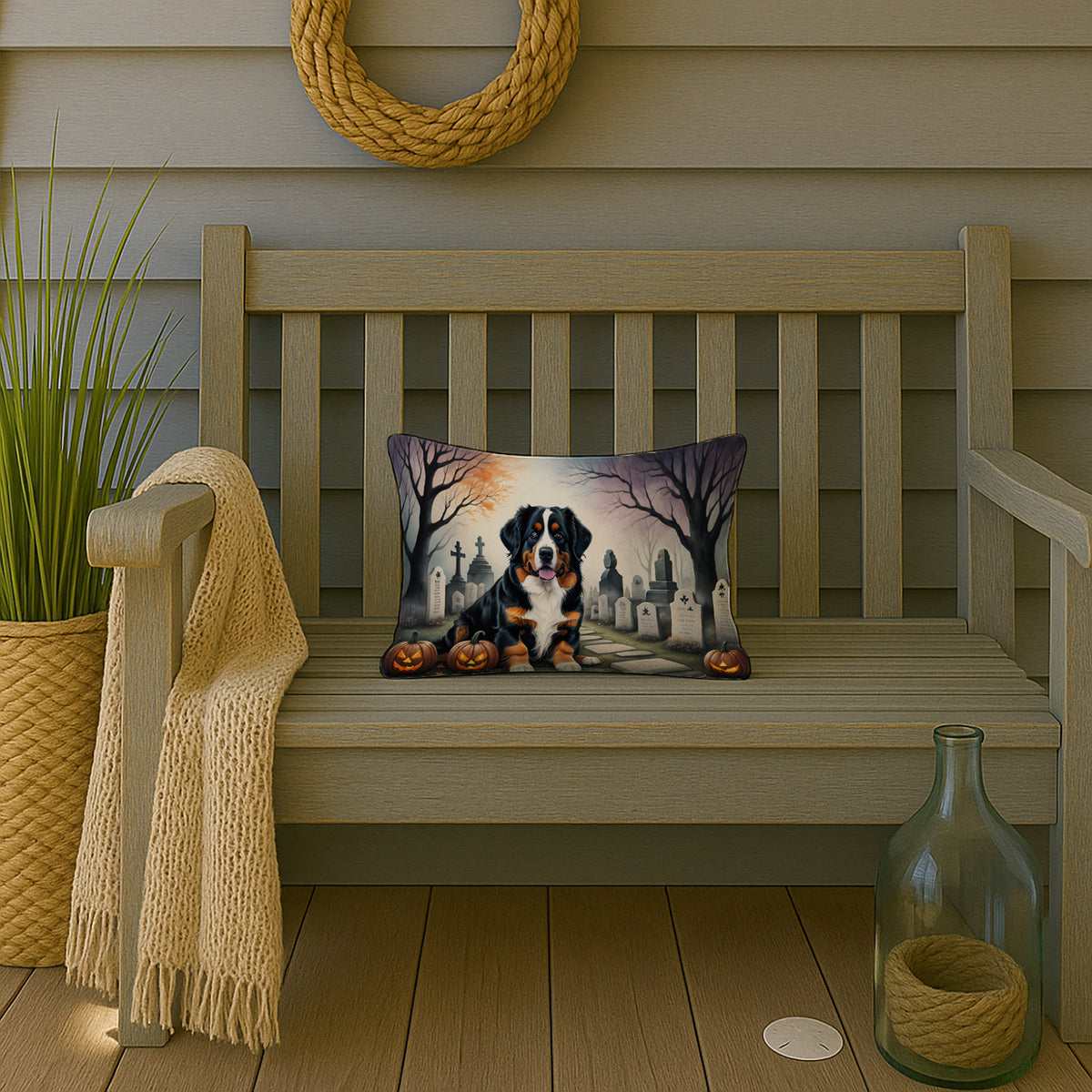 Caroline's Treasures DAC2014PW1216 Bernese Mountain Dog Spooky Halloween Fabric Decorative Pillow Machine Washable, Indoor Outdoor Decorative Pillow for Couch, Bed or Patio, 12HX16W