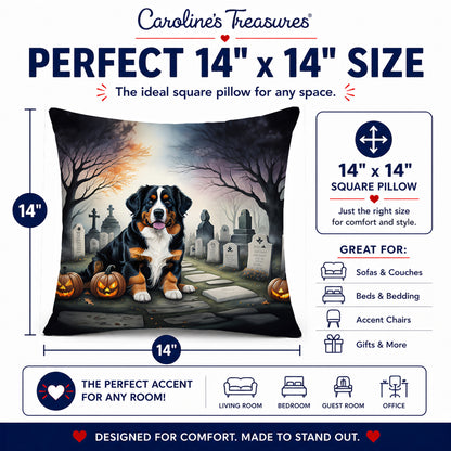 Caroline's Treasures DAC2014PW1414 Bernese Mountain Dog Spooky Halloween Fabric Decorative Pillow Machine Washable, Indoor Outdoor Decorative Pillow for Couch, Bed or Patio, 14Hx14W