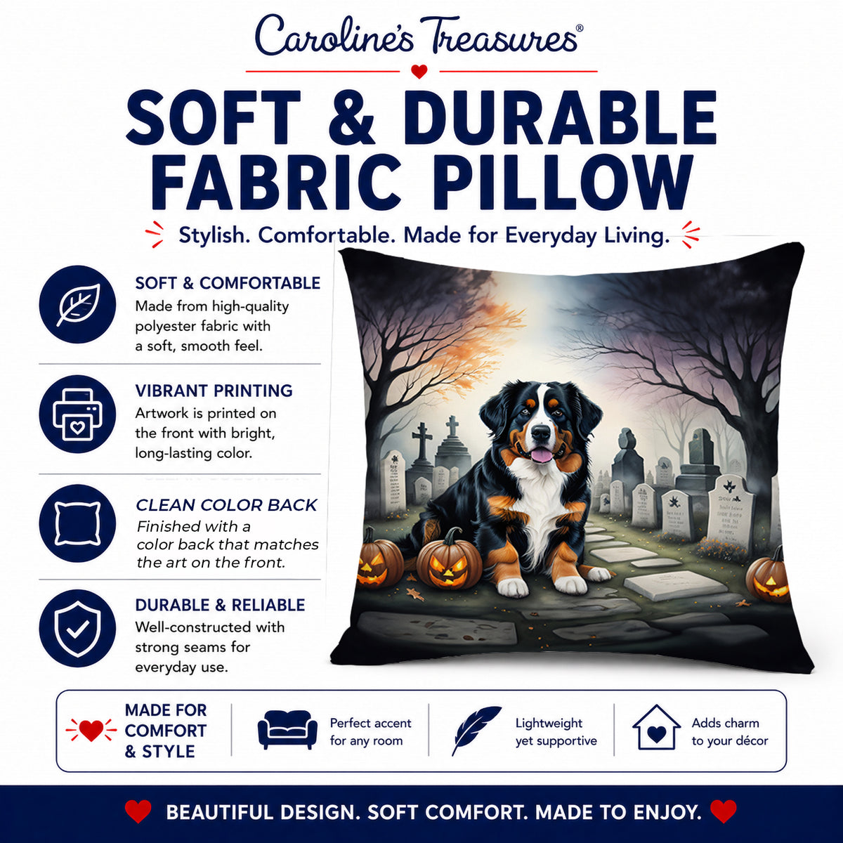 Caroline's Treasures DAC2014PW1818 Bernese Mountain Dog Spooky Halloween Fabric Decorative Pillow Machine Washable, Indoor Outdoor Decorative Pillow for Couch, Bed or Patio, 18Hx18W