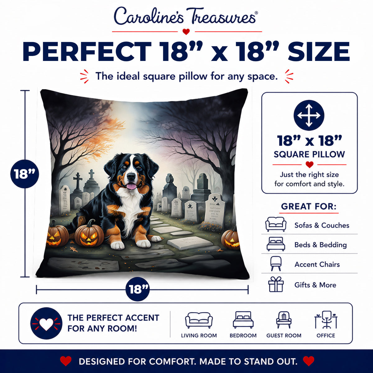 Caroline's Treasures DAC2014PW1818 Bernese Mountain Dog Spooky Halloween Fabric Decorative Pillow Machine Washable, Indoor Outdoor Decorative Pillow for Couch, Bed or Patio, 18Hx18W