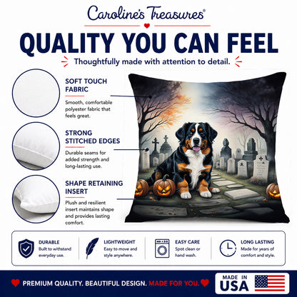 Caroline's Treasures DAC2014PW1818 Bernese Mountain Dog Spooky Halloween Fabric Decorative Pillow Machine Washable, Indoor Outdoor Decorative Pillow for Couch, Bed or Patio, 18Hx18W