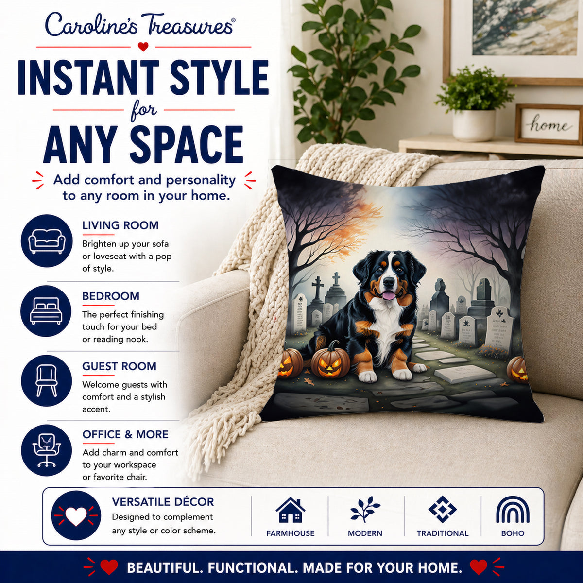 Caroline's Treasures DAC2014PW1818 Bernese Mountain Dog Spooky Halloween Fabric Decorative Pillow Machine Washable, Indoor Outdoor Decorative Pillow for Couch, Bed or Patio, 18Hx18W