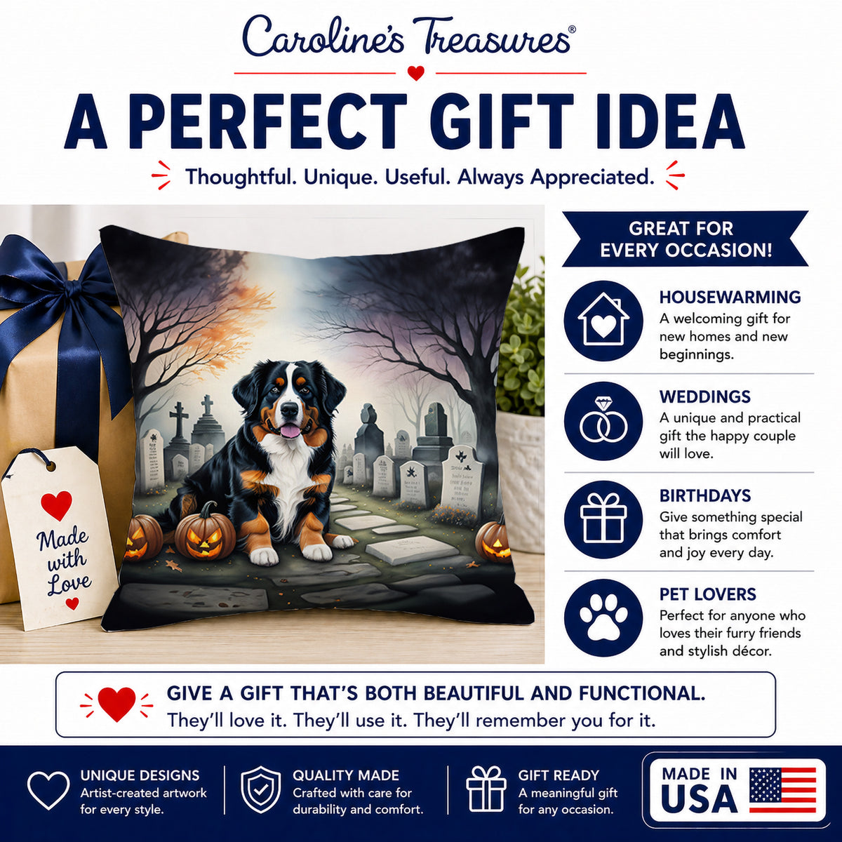 Caroline's Treasures DAC2014PW1818 Bernese Mountain Dog Spooky Halloween Fabric Decorative Pillow Machine Washable, Indoor Outdoor Decorative Pillow for Couch, Bed or Patio, 18Hx18W