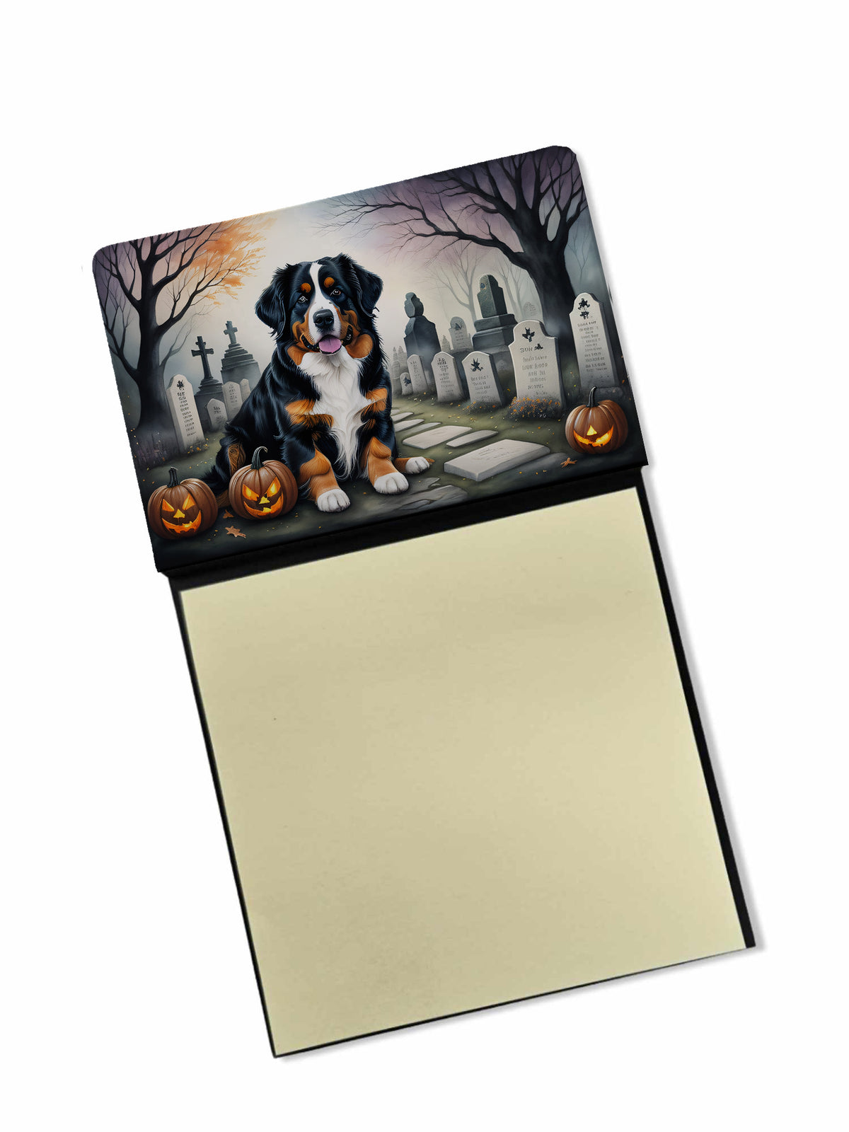 Caroline's Treasures Bernese Mountain Dog Spooky Halloween Sticky Note Holder Refillable Dispenser Self-Sticky Note Pads, Memo Pads Blank Desk Accessories