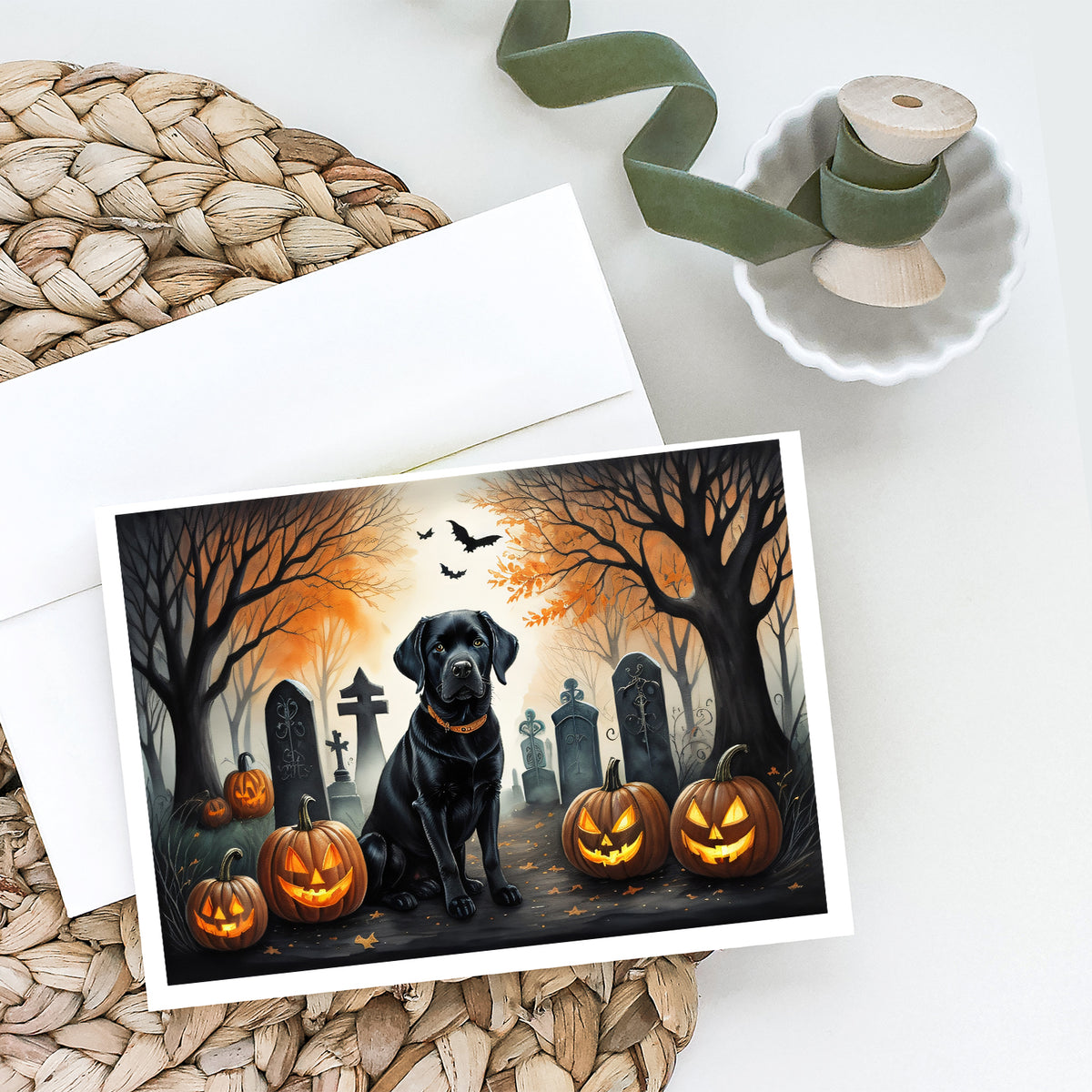 Caroline's Treasures DAC2015GCA7P Black Labrador Retriever Spooky Halloween Greeting Cards and Envelopes Pack of 8 Blank Cards with Envelopes Whimsical A7 Size 5x7 Blank Greeting Cards