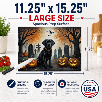 Caroline's Treasures DAC2015LCB Black Labrador Retriever Spooky Halloween Glass Cutting Board Large Decorative Tempered Glass Kitchen Cutting and Serving Board Large Size Chopping Board