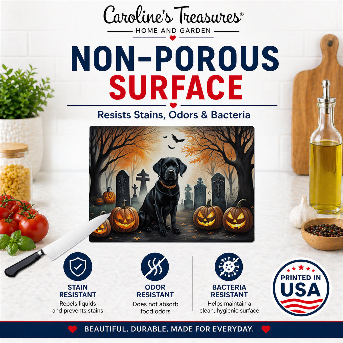 Caroline's Treasures DAC2015LCB Black Labrador Retriever Spooky Halloween Glass Cutting Board Large Decorative Tempered Glass Kitchen Cutting and Serving Board Large Size Chopping Board