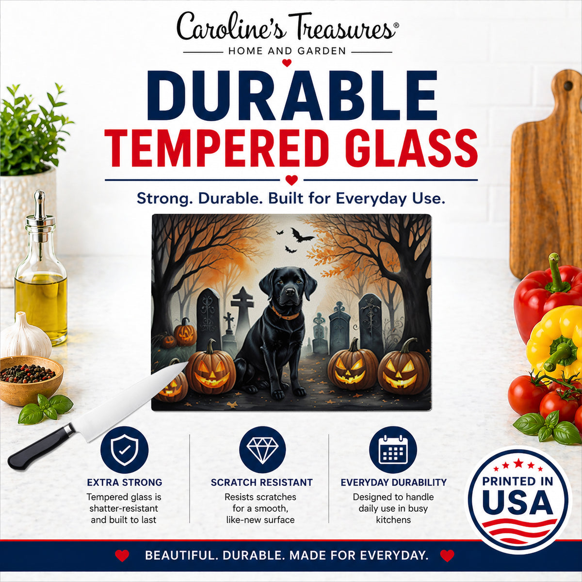 Caroline's Treasures DAC2015LCB Black Labrador Retriever Spooky Halloween Glass Cutting Board Large Decorative Tempered Glass Kitchen Cutting and Serving Board Large Size Chopping Board