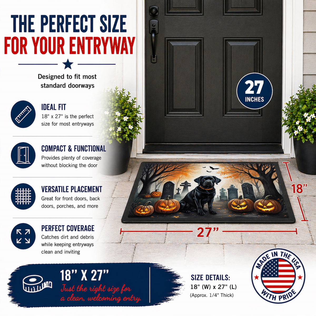 Caroline's Treasures DAC2015MAT Black Labrador Retriever Spooky Halloween Doormat 18x27 Front Door Mat Indoor Outdoor Rugs for Entryway, Non Slip Washable Low Pile, 18H X 27W