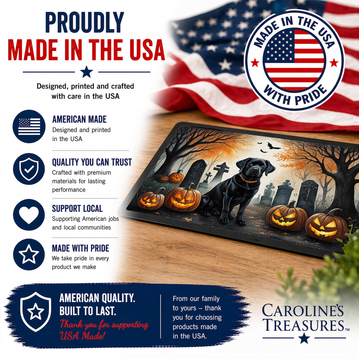 Caroline's Treasures DAC2015MAT Black Labrador Retriever Spooky Halloween Doormat 18x27 Front Door Mat Indoor Outdoor Rugs for Entryway, Non Slip Washable Low Pile, 18H X 27W