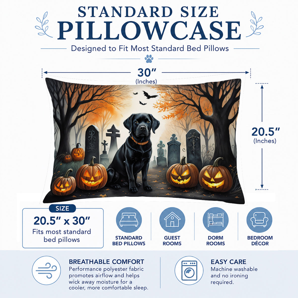 Caroline's Treasures DAC2015PILLOWCASE Black Labrador Retriever Spooky Halloween Fabric Standard Pillowcase Lightweight Super Soft Easy Care Decorative Artwork Pillowcase, Standard