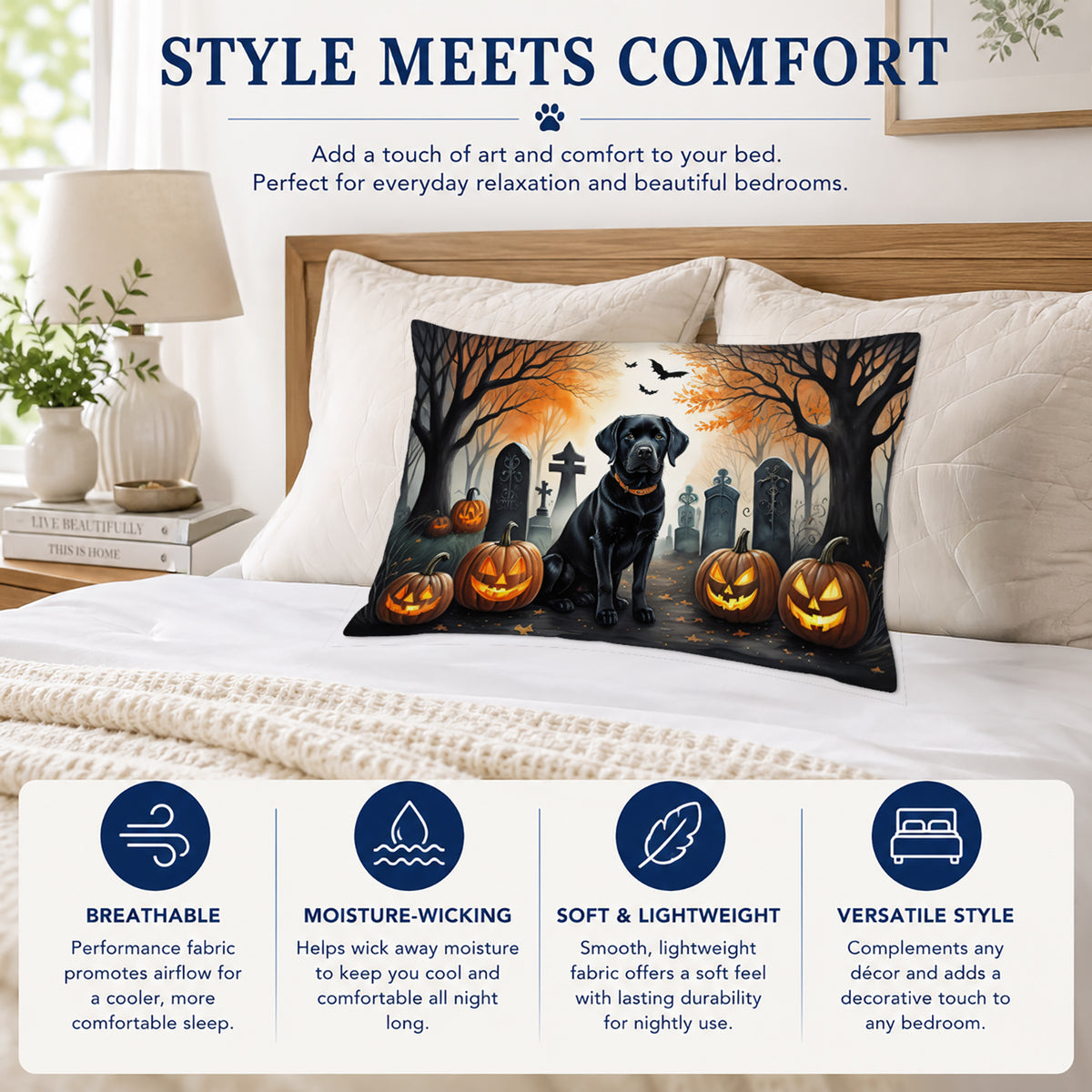 Caroline's Treasures DAC2015PILLOWCASE Black Labrador Retriever Spooky Halloween Fabric Standard Pillowcase Lightweight Super Soft Easy Care Decorative Artwork Pillowcase, Standard