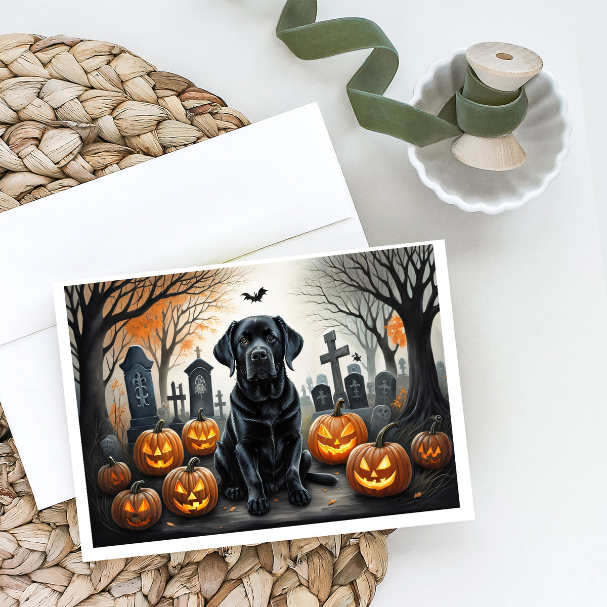 Caroline's Treasures DAC2016GCA7P Black Labrador Retriever Spooky Halloween Greeting Cards and Envelopes Pack of 8 Blank Cards with Envelopes Whimsical A7 Size 5x7 Blank Greeting Cards