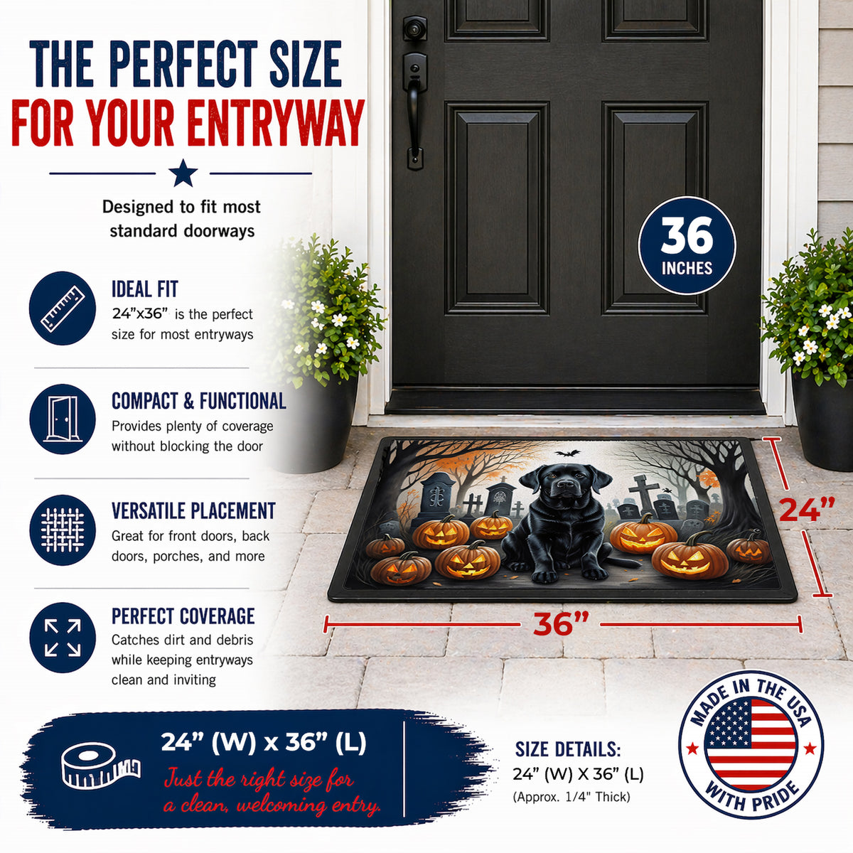Caroline's Treasures DAC2016JMAT Black Labrador Retriever Spooky Halloween Indoor or Outdoor Mat 24x36 Front Door Mat Indoor Outdoor Rugs for Entryway, Non Slip Washable Low Pile, 24H X 36W
