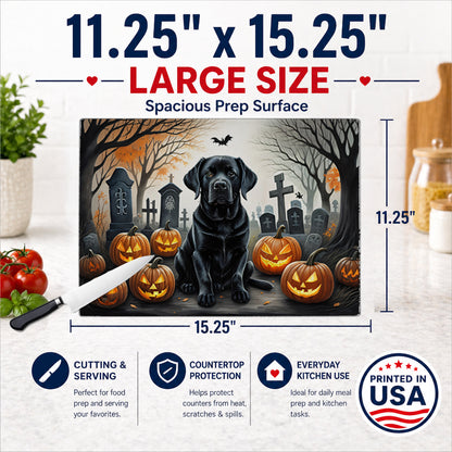 Caroline's Treasures DAC2016LCB Black Labrador Retriever Spooky Halloween Glass Cutting Board Large Decorative Tempered Glass Kitchen Cutting and Serving Board Large Size Chopping Board