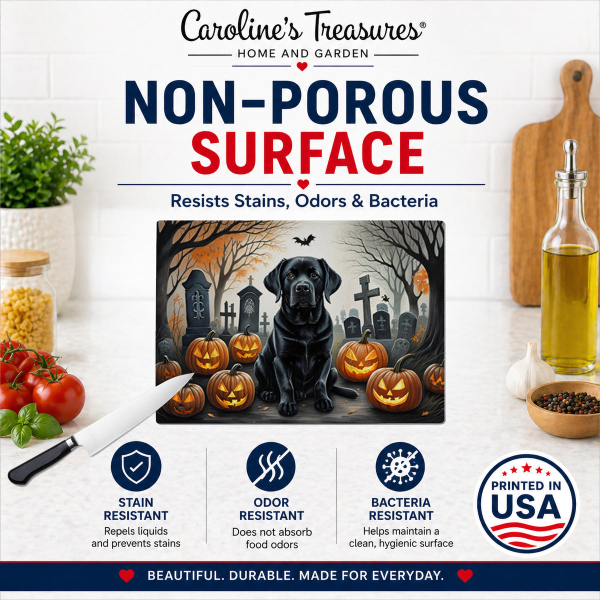 Caroline's Treasures DAC2016LCB Black Labrador Retriever Spooky Halloween Glass Cutting Board Large Decorative Tempered Glass Kitchen Cutting and Serving Board Large Size Chopping Board
