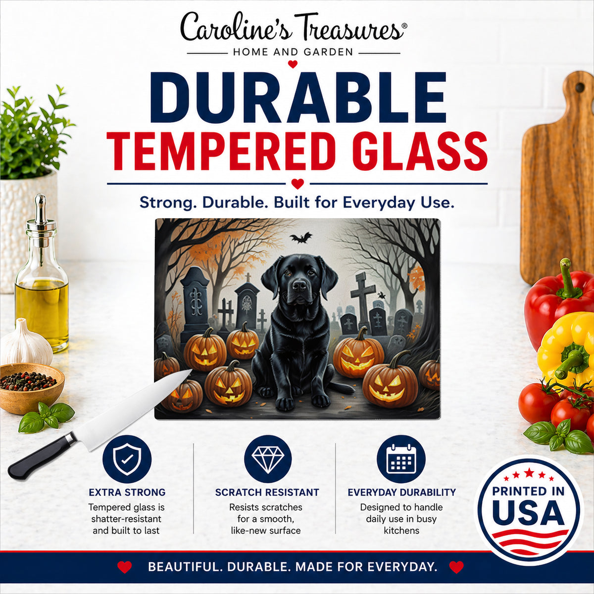 Caroline's Treasures DAC2016LCB Black Labrador Retriever Spooky Halloween Glass Cutting Board Large Decorative Tempered Glass Kitchen Cutting and Serving Board Large Size Chopping Board