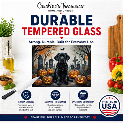 Caroline's Treasures DAC2016LCB Black Labrador Retriever Spooky Halloween Glass Cutting Board Large Decorative Tempered Glass Kitchen Cutting and Serving Board Large Size Chopping Board