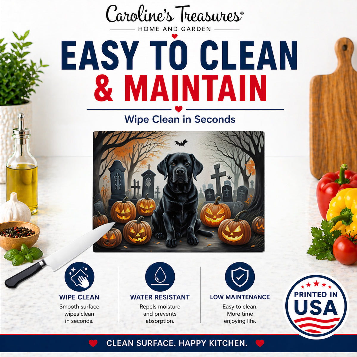 Caroline's Treasures DAC2016LCB Black Labrador Retriever Spooky Halloween Glass Cutting Board Large Decorative Tempered Glass Kitchen Cutting and Serving Board Large Size Chopping Board