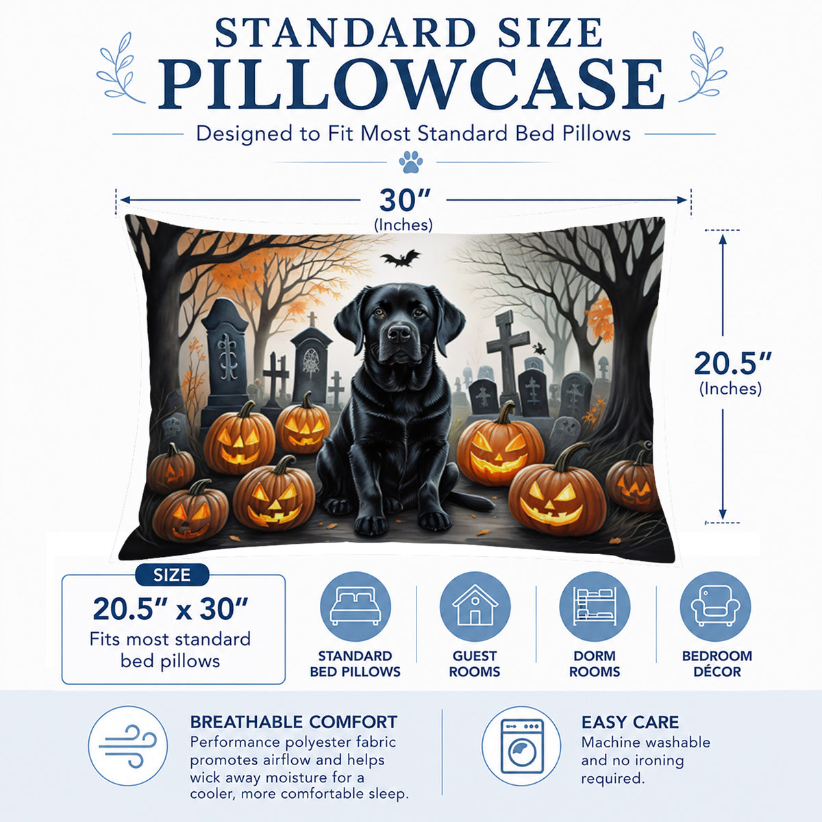 Caroline's Treasures DAC2016PILLOWCASE Black Labrador Retriever Spooky Halloween Fabric Standard Pillowcase Lightweight Super Soft Easy Care Decorative Artwork Pillowcase, Standard