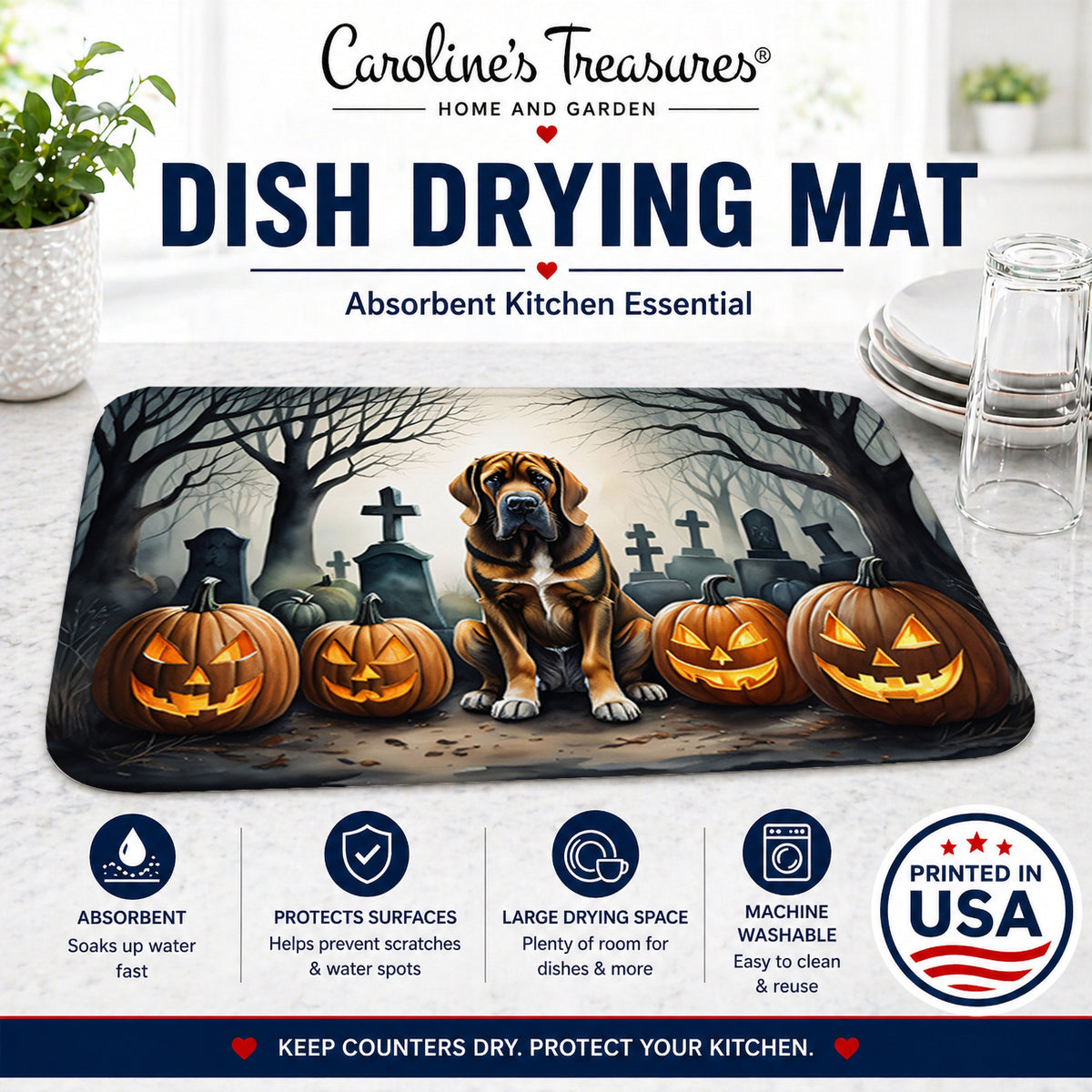 Caroline's Treasures DAC2017DDM Bloodhound Spooky Halloween Dish Drying Mat Absorbent Dish Drying Mat Pad for Kitchen Counter Dish Drainer Mat for Countertop, 14 x 21, Multicolor