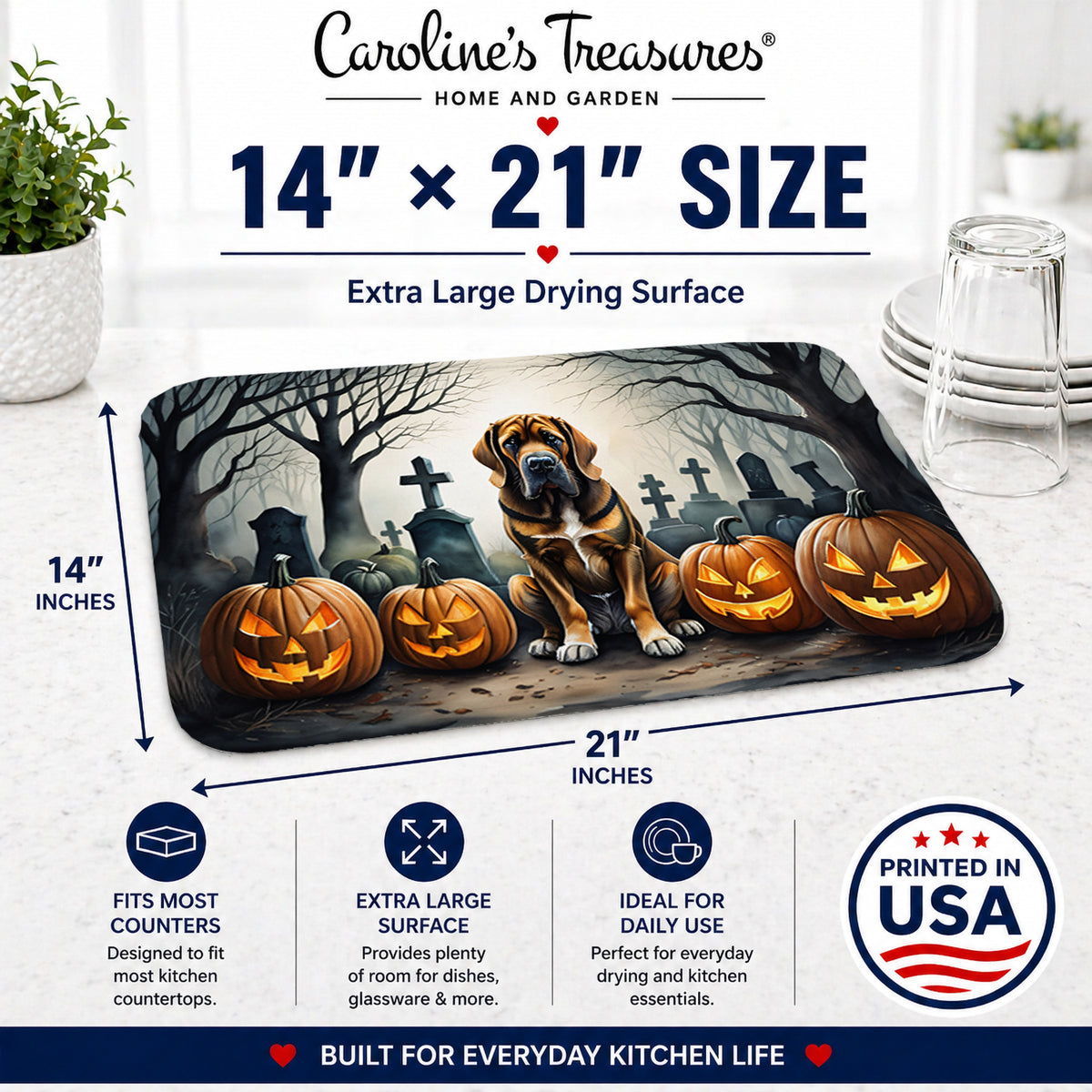 Caroline's Treasures DAC2017DDM Bloodhound Spooky Halloween Dish Drying Mat Absorbent Dish Drying Mat Pad for Kitchen Counter Dish Drainer Mat for Countertop, 14 x 21, Multicolor