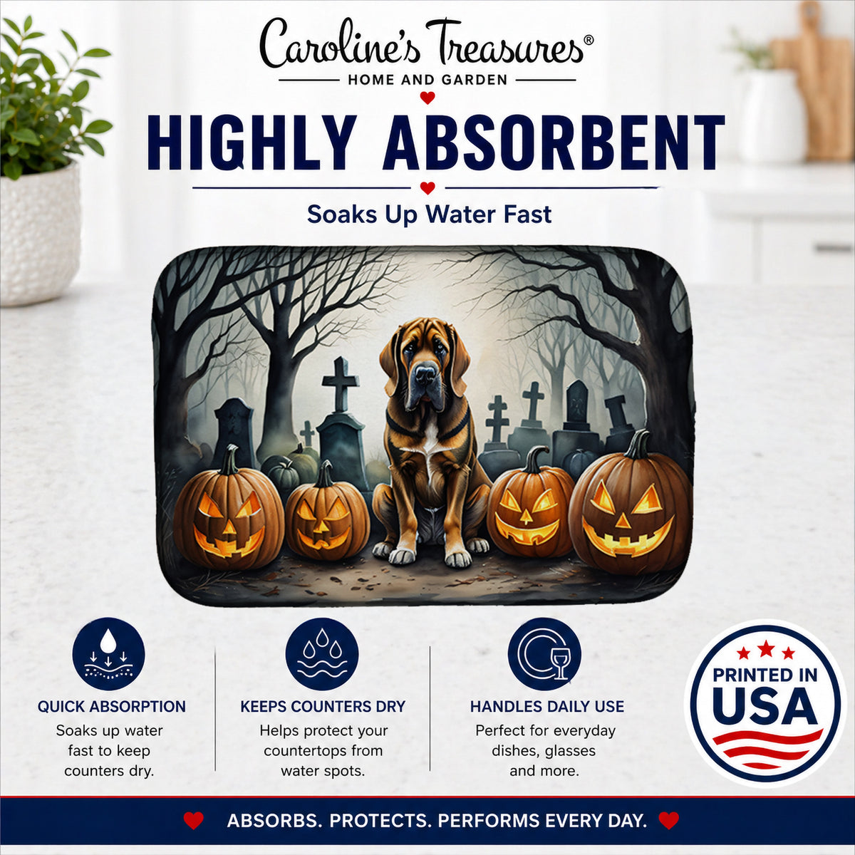 Caroline's Treasures DAC2017DDM Bloodhound Spooky Halloween Dish Drying Mat Absorbent Dish Drying Mat Pad for Kitchen Counter Dish Drainer Mat for Countertop, 14 x 21, Multicolor
