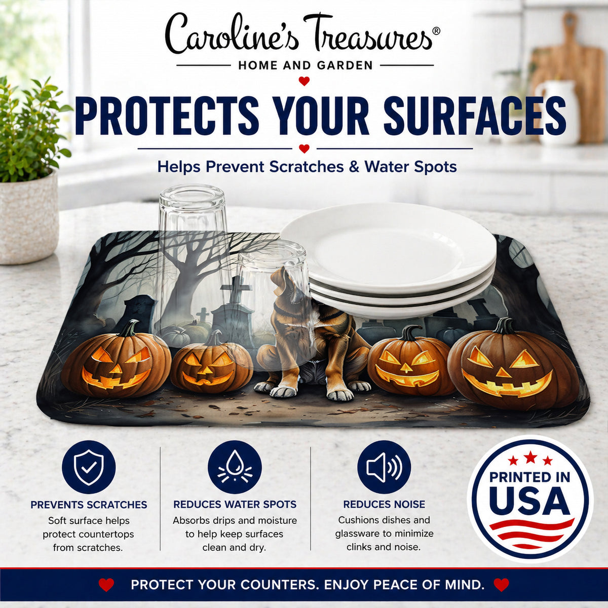 Caroline's Treasures DAC2017DDM Bloodhound Spooky Halloween Dish Drying Mat Absorbent Dish Drying Mat Pad for Kitchen Counter Dish Drainer Mat for Countertop, 14 x 21, Multicolor