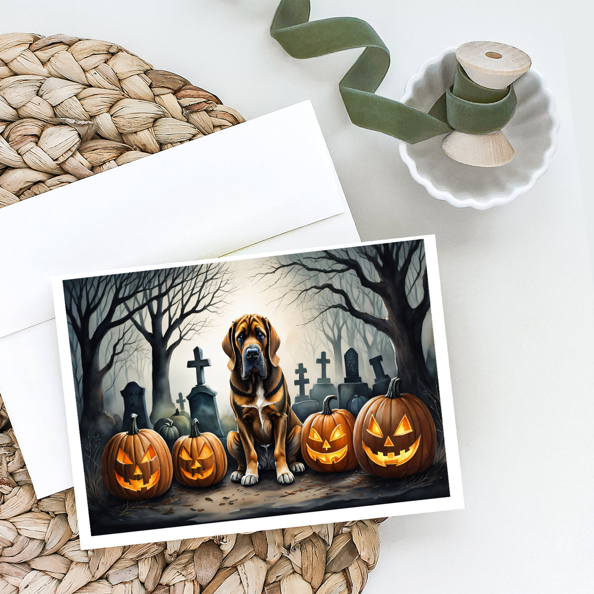 Caroline's Treasures DAC2017GCA7P Bloodhound Spooky Halloween Greeting Cards and Envelopes Pack of 8 Blank Cards with Envelopes Whimsical A7 Size 5x7 Blank Greeting Cards