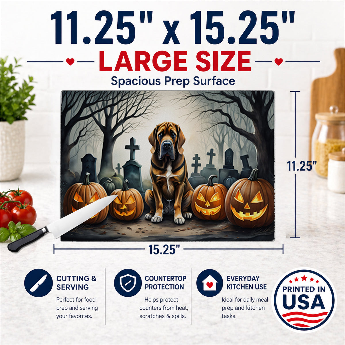 Caroline's Treasures DAC2017LCB Bloodhound Spooky Halloween Glass Cutting Board Large Decorative Tempered Glass Kitchen Cutting and Serving Board Large Size Chopping Board