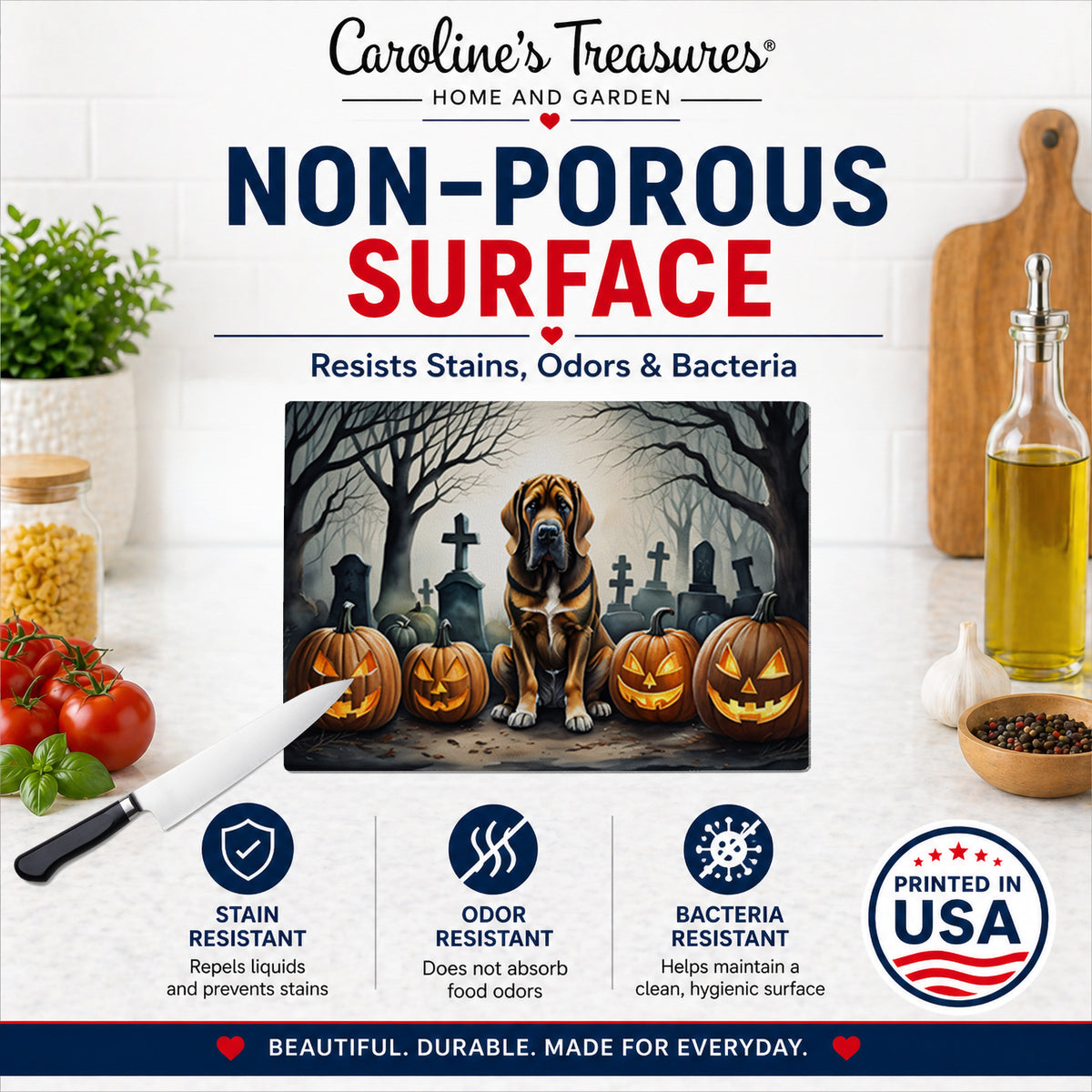 Caroline's Treasures DAC2017LCB Bloodhound Spooky Halloween Glass Cutting Board Large Decorative Tempered Glass Kitchen Cutting and Serving Board Large Size Chopping Board