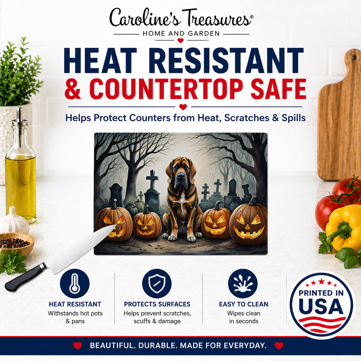 Caroline's Treasures DAC2017LCB Bloodhound Spooky Halloween Glass Cutting Board Large Decorative Tempered Glass Kitchen Cutting and Serving Board Large Size Chopping Board