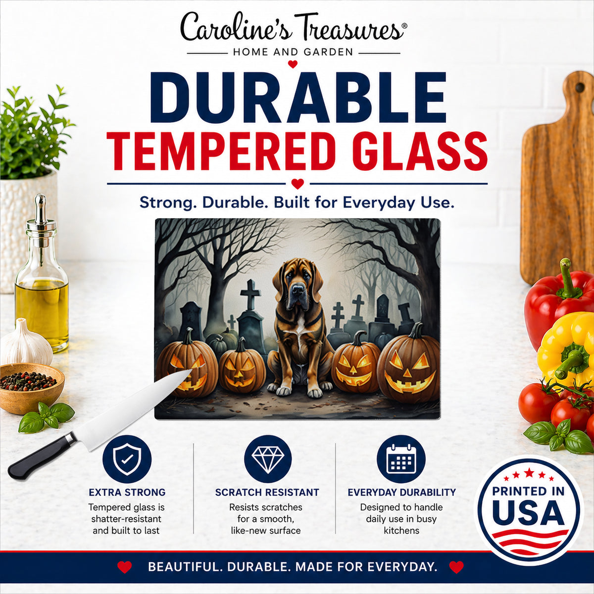 Caroline's Treasures DAC2017LCB Bloodhound Spooky Halloween Glass Cutting Board Large Decorative Tempered Glass Kitchen Cutting and Serving Board Large Size Chopping Board