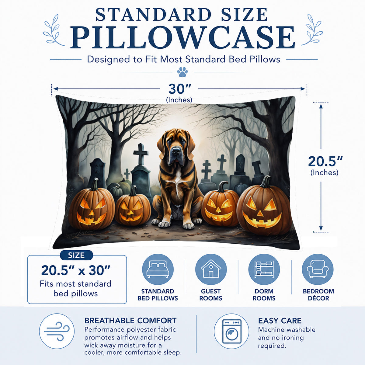 Caroline's Treasures DAC2017PILLOWCASE Bloodhound Spooky Halloween Fabric Standard Pillowcase Lightweight Super Soft Easy Care Decorative Artwork Pillowcase, Standard