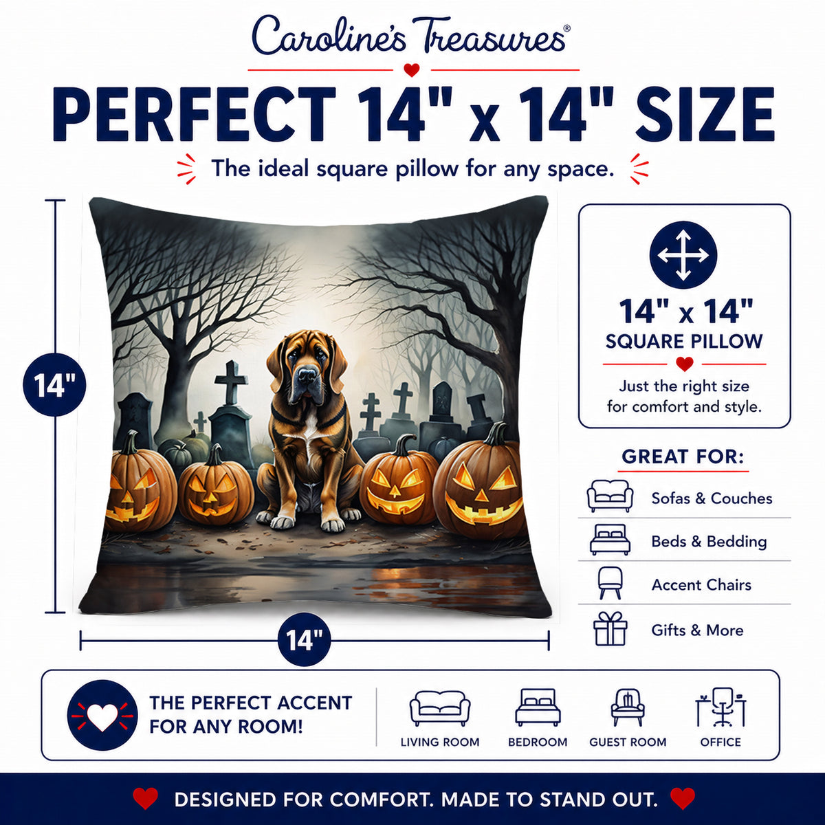 Caroline's Treasures DAC2017PW1414 Bloodhound Spooky Halloween Fabric Decorative Pillow Machine Washable, Indoor Outdoor Decorative Pillow for Couch, Bed or Patio, 14Hx14W
