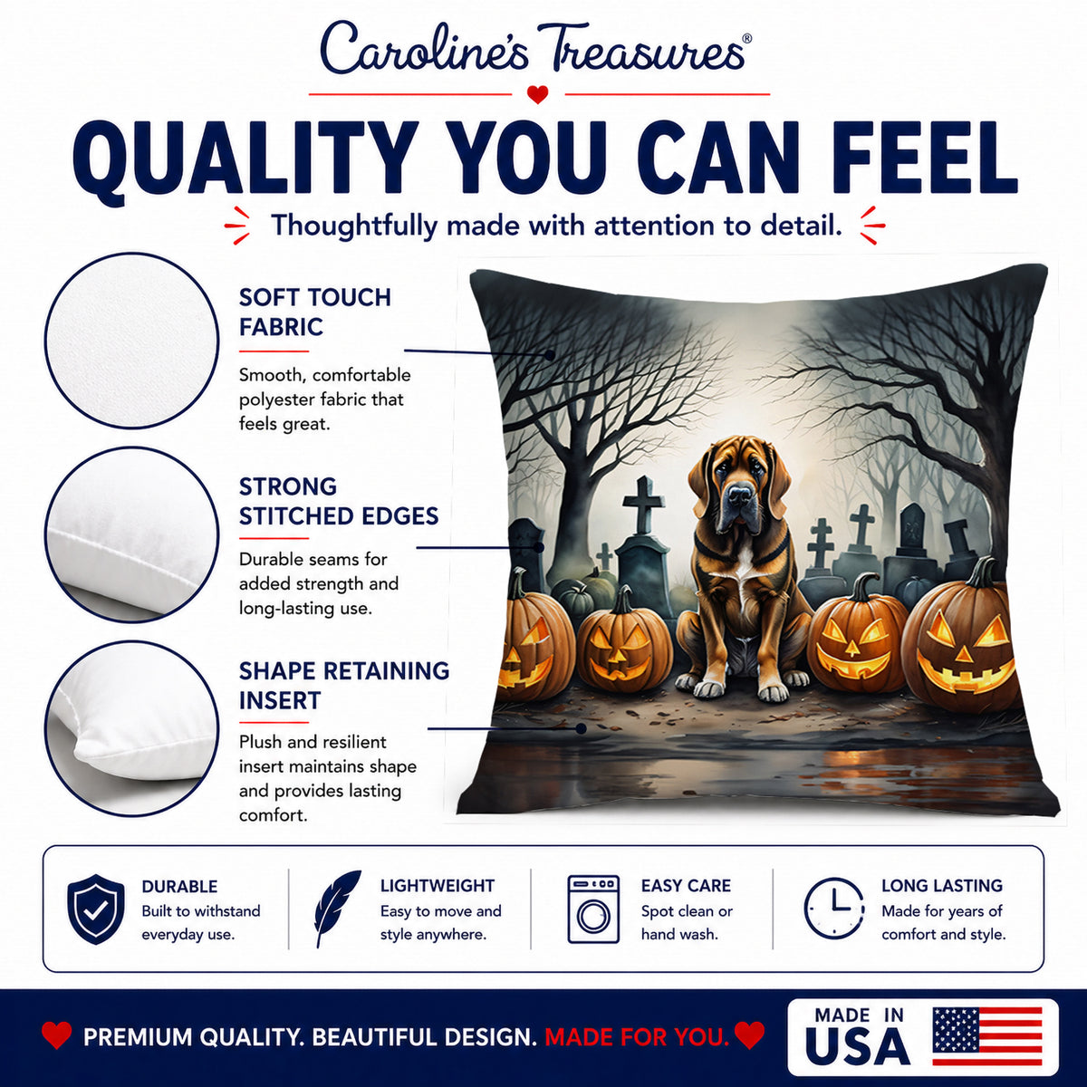 Caroline's Treasures DAC2017PW1818 Bloodhound Spooky Halloween Fabric Decorative Pillow Machine Washable, Indoor Outdoor Decorative Pillow for Couch, Bed or Patio, 18Hx18W