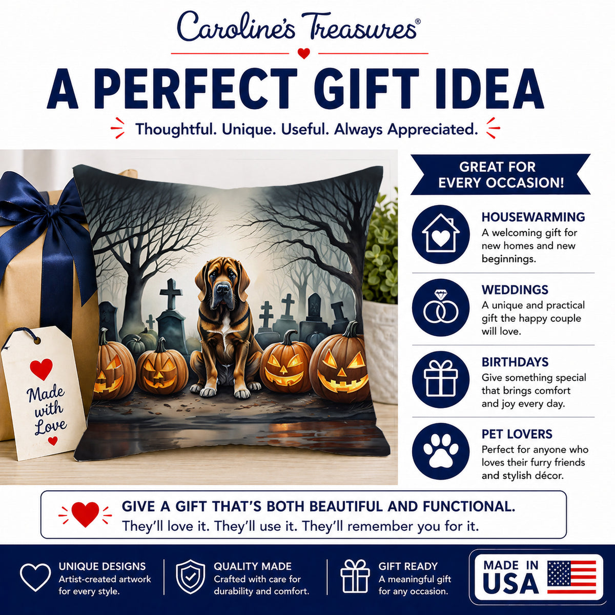 Caroline's Treasures DAC2017PW1818 Bloodhound Spooky Halloween Fabric Decorative Pillow Machine Washable, Indoor Outdoor Decorative Pillow for Couch, Bed or Patio, 18Hx18W
