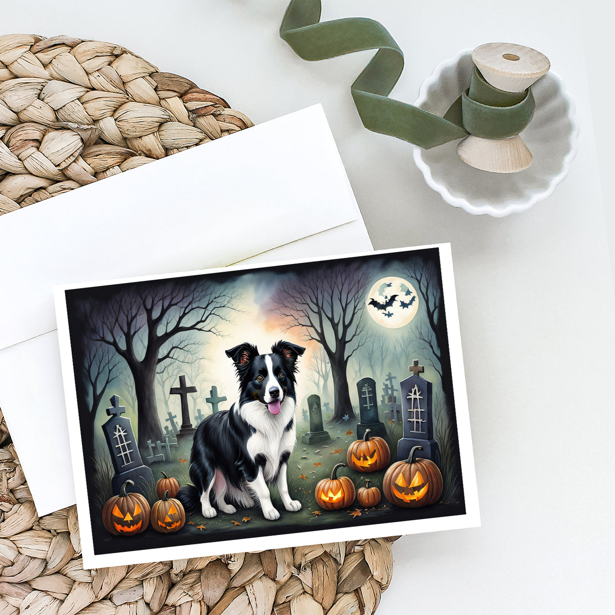 Caroline's Treasures DAC2018GCA7P Border Collie Spooky Halloween Greeting Cards and Envelopes Pack of 8 Blank Cards with Envelopes Whimsical A7 Size 5x7 Blank Greeting Cards