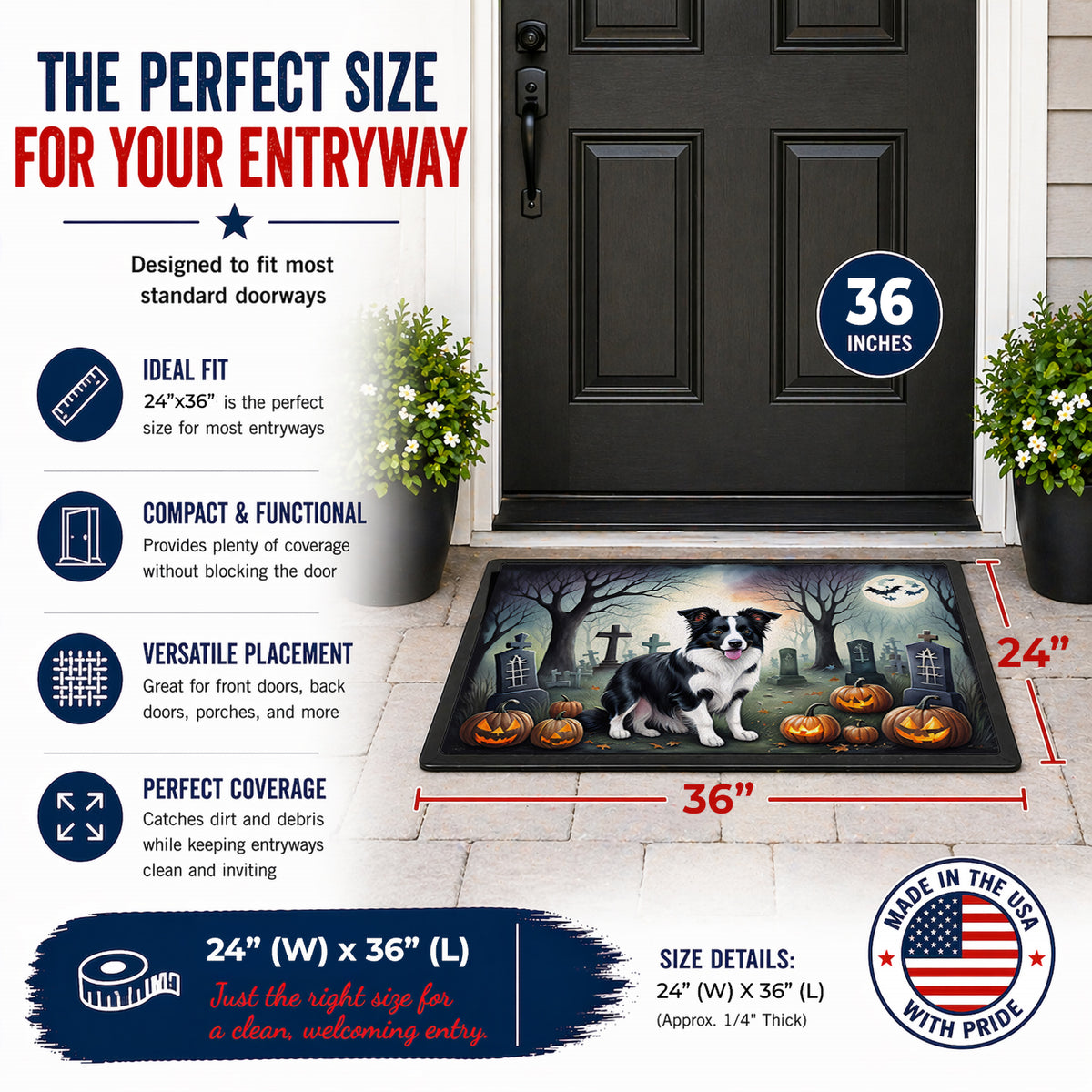 Caroline's Treasures DAC2018JMAT Border Collie Spooky Halloween Indoor or Outdoor Mat 24x36 Front Door Mat Indoor Outdoor Rugs for Entryway, Non Slip Washable Low Pile, 24H X 36W