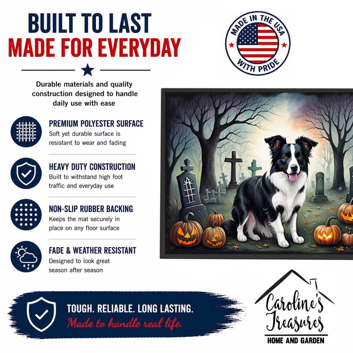 Caroline's Treasures DAC2018JMAT Border Collie Spooky Halloween Indoor or Outdoor Mat 24x36 Front Door Mat Indoor Outdoor Rugs for Entryway, Non Slip Washable Low Pile, 24H X 36W