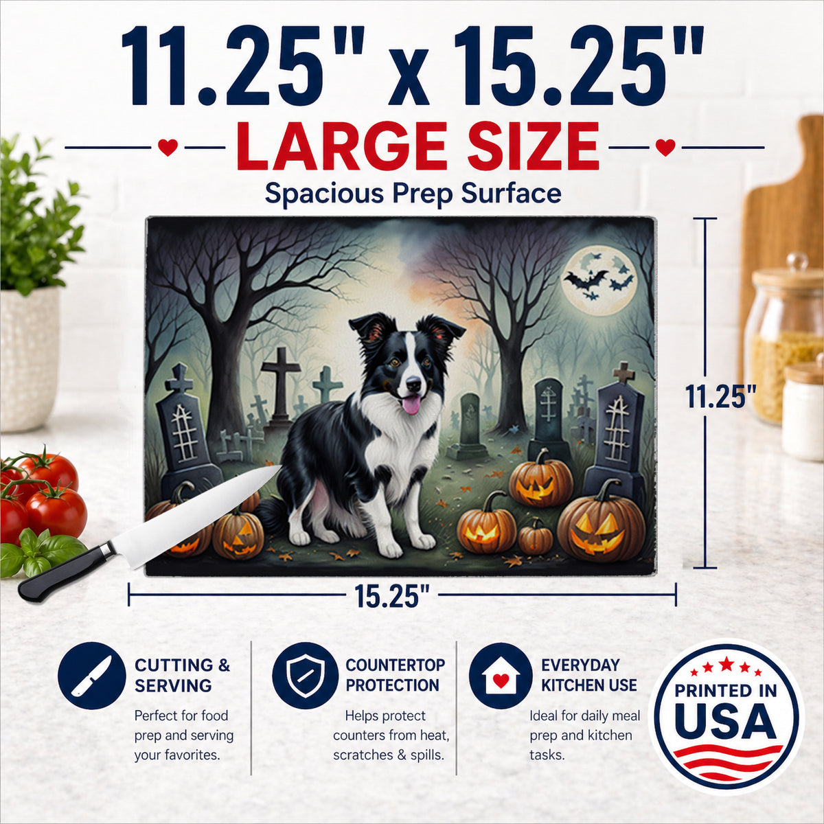Caroline's Treasures DAC2018LCB Border Collie Spooky Halloween Glass Cutting Board Large Decorative Tempered Glass Kitchen Cutting and Serving Board Large Size Chopping Board