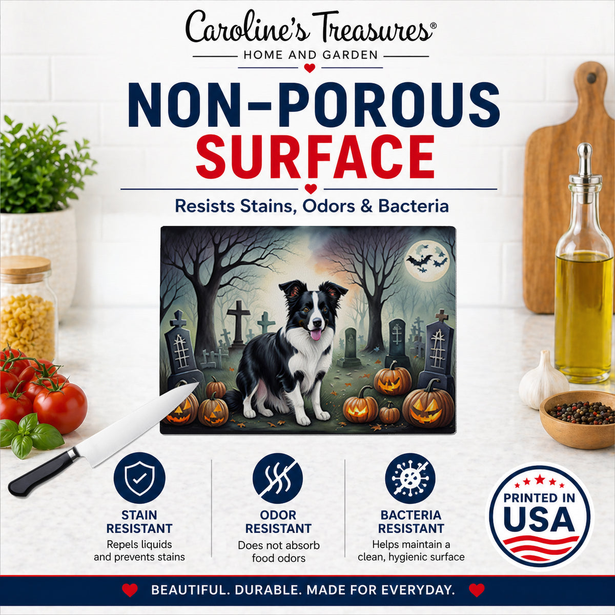 Caroline's Treasures DAC2018LCB Border Collie Spooky Halloween Glass Cutting Board Large Decorative Tempered Glass Kitchen Cutting and Serving Board Large Size Chopping Board