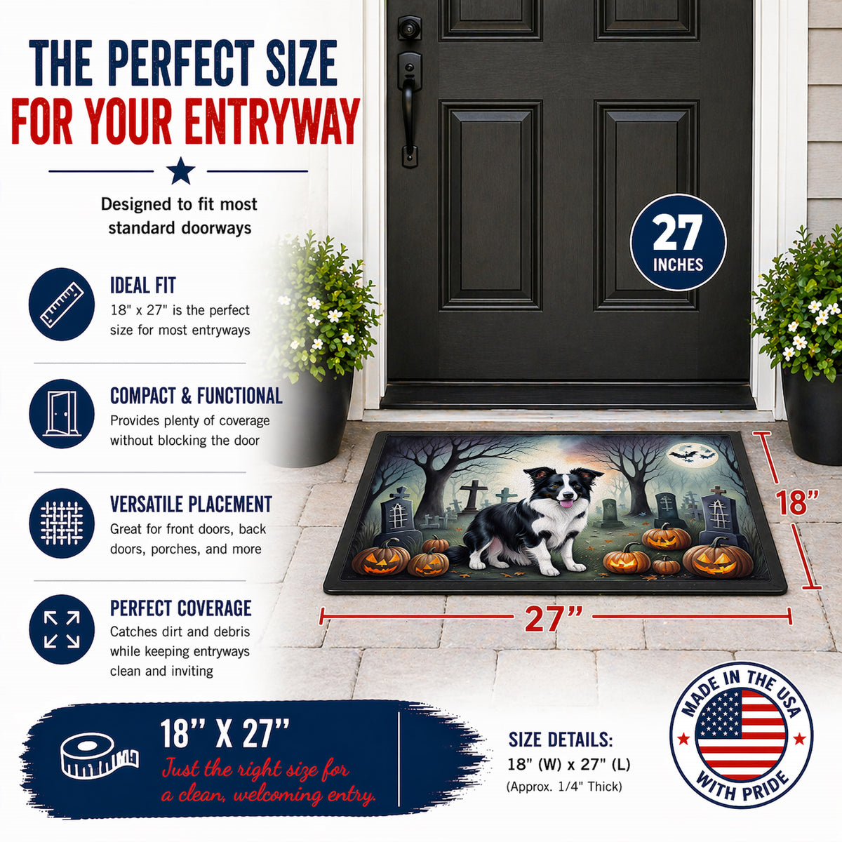Caroline's Treasures DAC2018MAT Border Collie Spooky Halloween Doormat 18x27 Front Door Mat Indoor Outdoor Rugs for Entryway, Non Slip Washable Low Pile, 18H X 27W