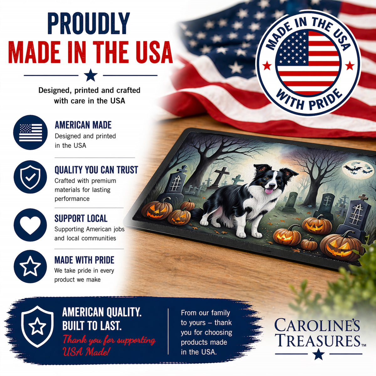 Caroline's Treasures DAC2018MAT Border Collie Spooky Halloween Doormat 18x27 Front Door Mat Indoor Outdoor Rugs for Entryway, Non Slip Washable Low Pile, 18H X 27W