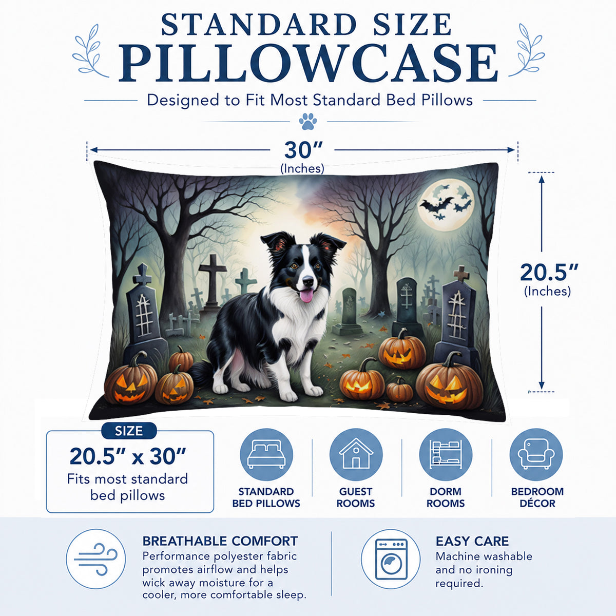 Caroline's Treasures DAC2018PILLOWCASE Border Collie Spooky Halloween Fabric Standard Pillowcase Lightweight Super Soft Easy Care Decorative Artwork Pillowcase, Standard