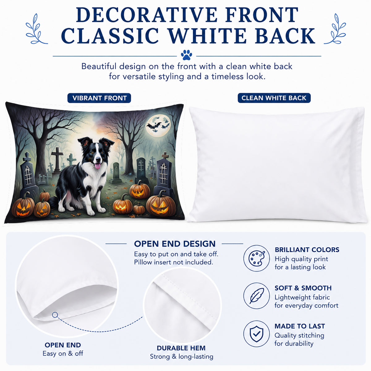 Caroline's Treasures DAC2018PILLOWCASE Border Collie Spooky Halloween Fabric Standard Pillowcase Lightweight Super Soft Easy Care Decorative Artwork Pillowcase, Standard