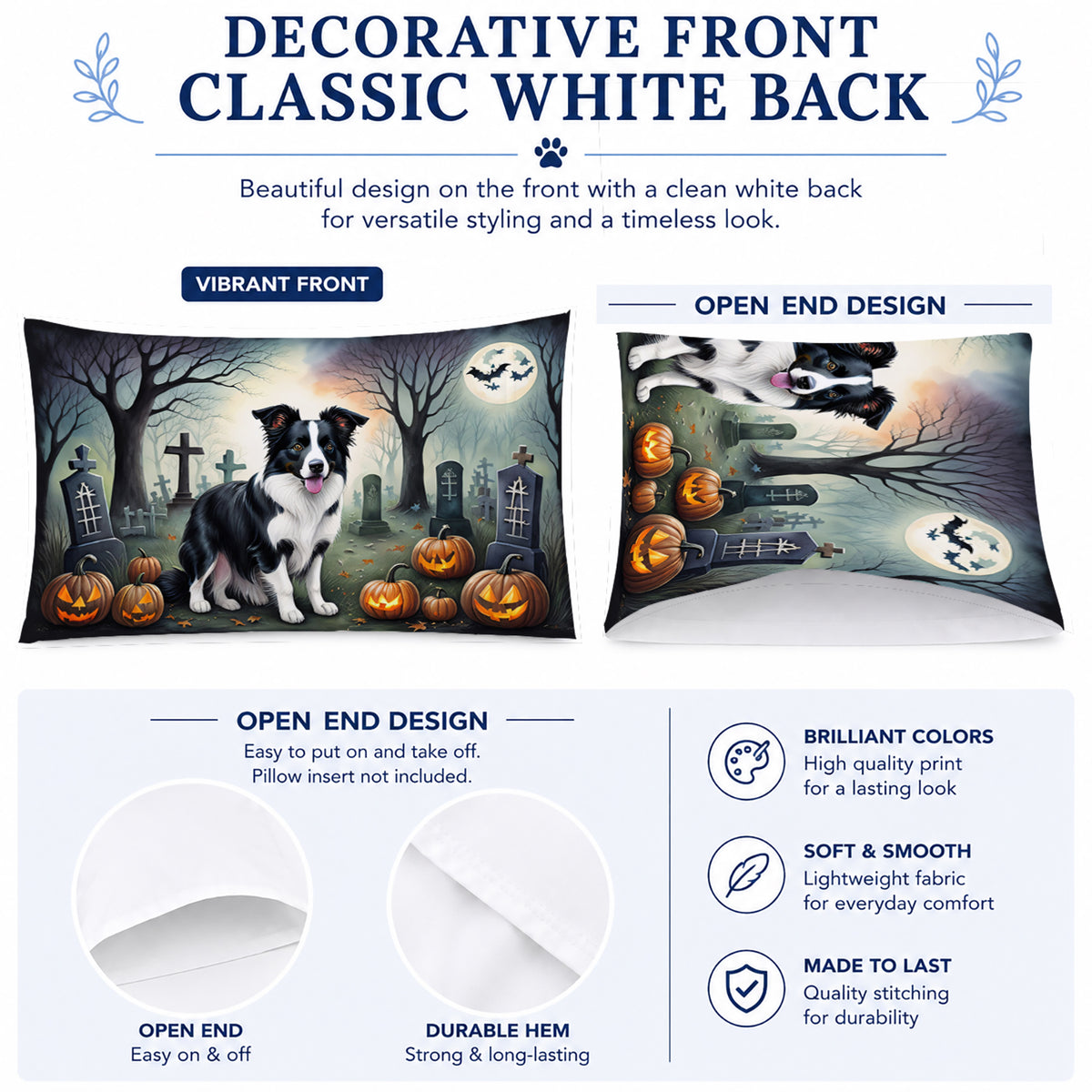 Caroline's Treasures DAC2018PILLOWCASE Border Collie Spooky Halloween Fabric Standard Pillowcase Lightweight Super Soft Easy Care Decorative Artwork Pillowcase, Standard