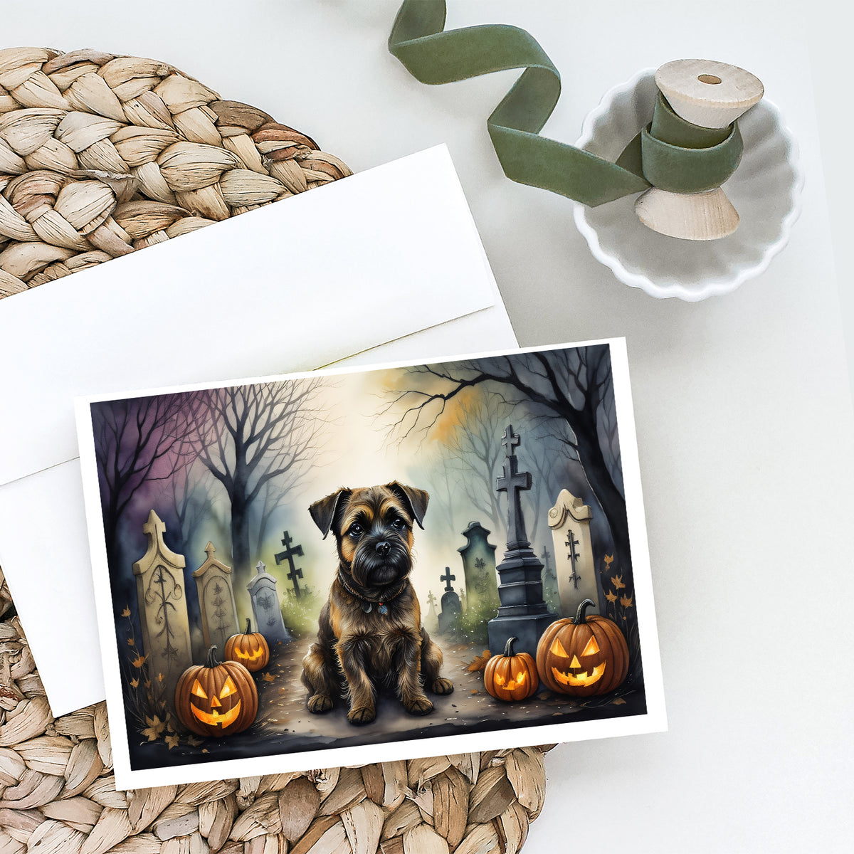 Caroline's Treasures DAC2019GCA7P Border Terrier Spooky Halloween Greeting Cards and Envelopes Pack of 8 Blank Cards with Envelopes Whimsical A7 Size 5x7 Blank Greeting Cards